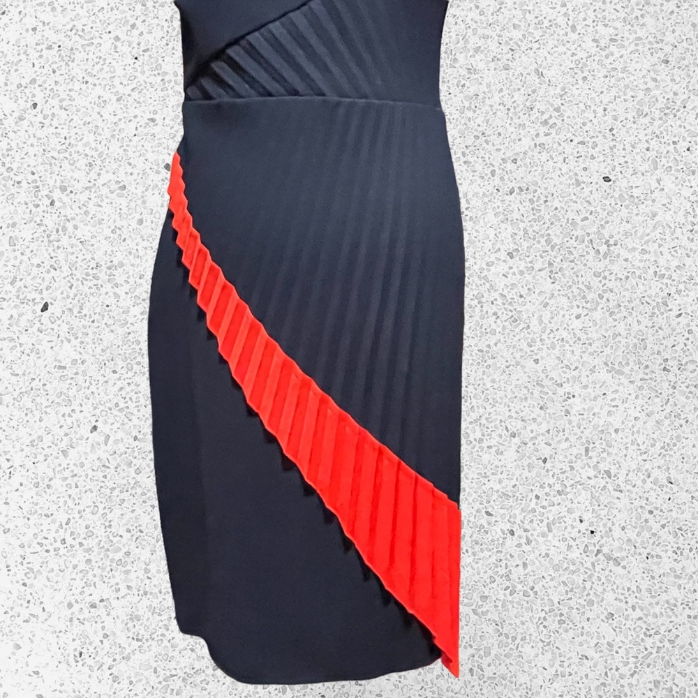 Elegant Navy and Red Pleated Dress - Picture 5 of 7